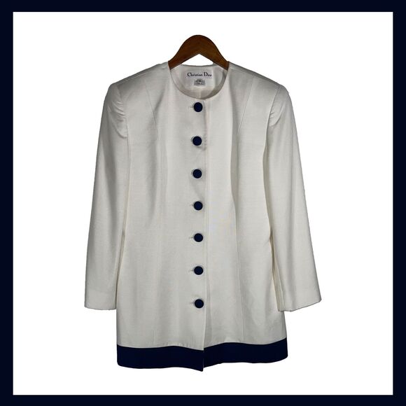 Vintage Christian Dior Cream and Navy Blazer Size 10 Elegant Classic Minimalist - Picture 1 of 12